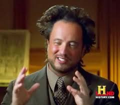 This iconic image features Giorgio A. Tsoukalos, the celebrity known for his work on "Ancient Aliens" and as the subject of the popular "Ancient Aliens meme." He is captured mid-sentence, with his eyes closed, a slight smile, and both hands raised and open, as if emphatically explaining a complex theory. His famously wild, gravity-defying hair adds to his distinctive look. The background is a softly blurred, warm-toned indoor setting, typical of a television studio, directly relating to the context of the "Ancient Aliens" TV show. The prominent History Channel logo in the bottom right corner further confirms the show's origin. The humor stems from his exaggerated, passionate demeanor and the widespread recognition of this specific pose as a meme, often associated with outlandish or conspiratorial explanations.